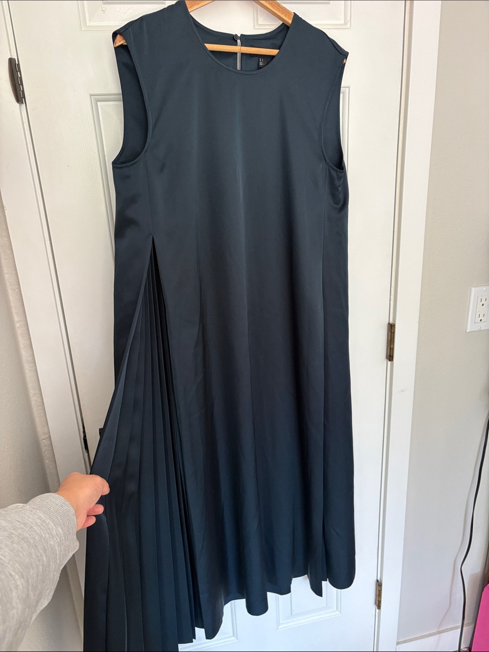 COS Dark Teal Silk Sleeveless Midi Dress with Pleated Side Panel